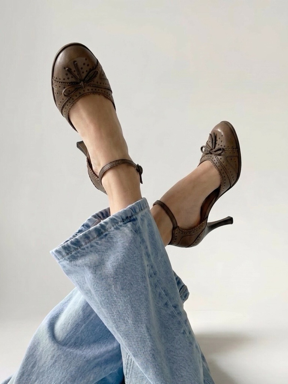 Nine West Mauve Taupe Ankle-Strap Brogue Heels with Bow Detail